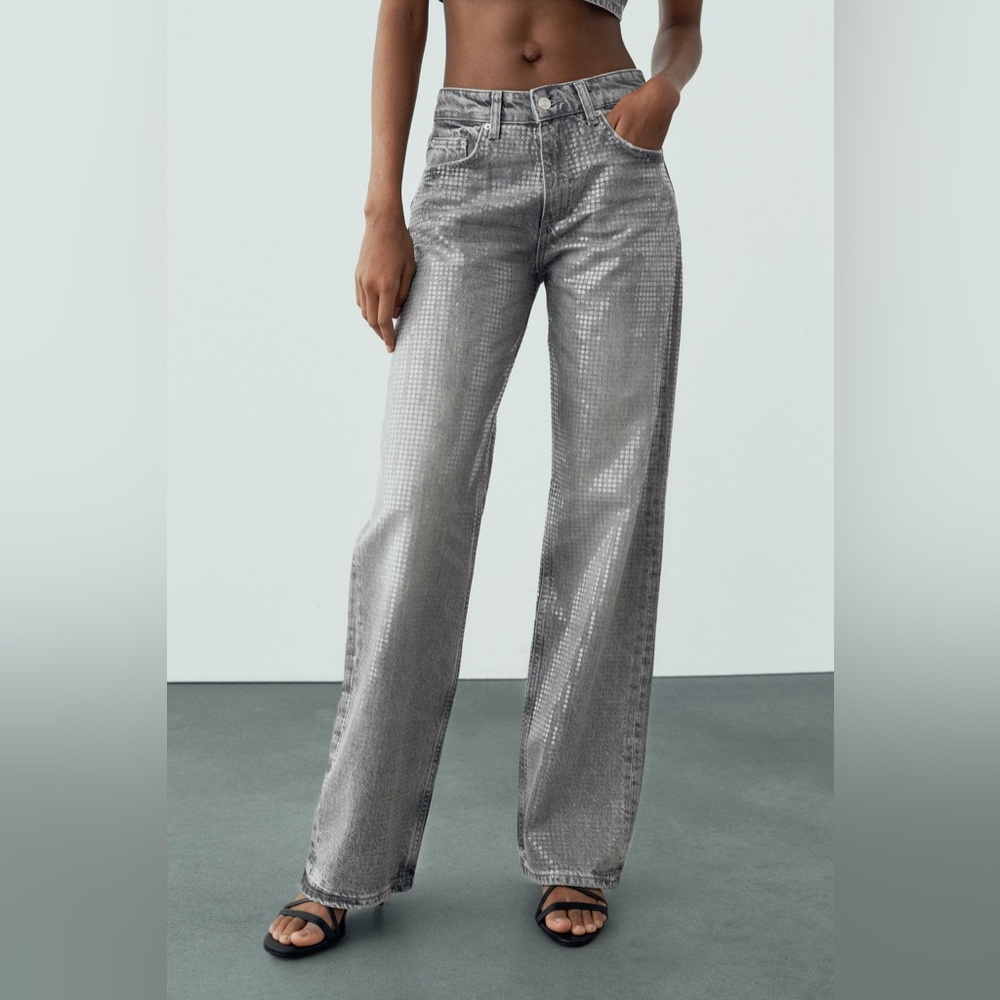 ZARA TRF wide leg sequin foil jeans